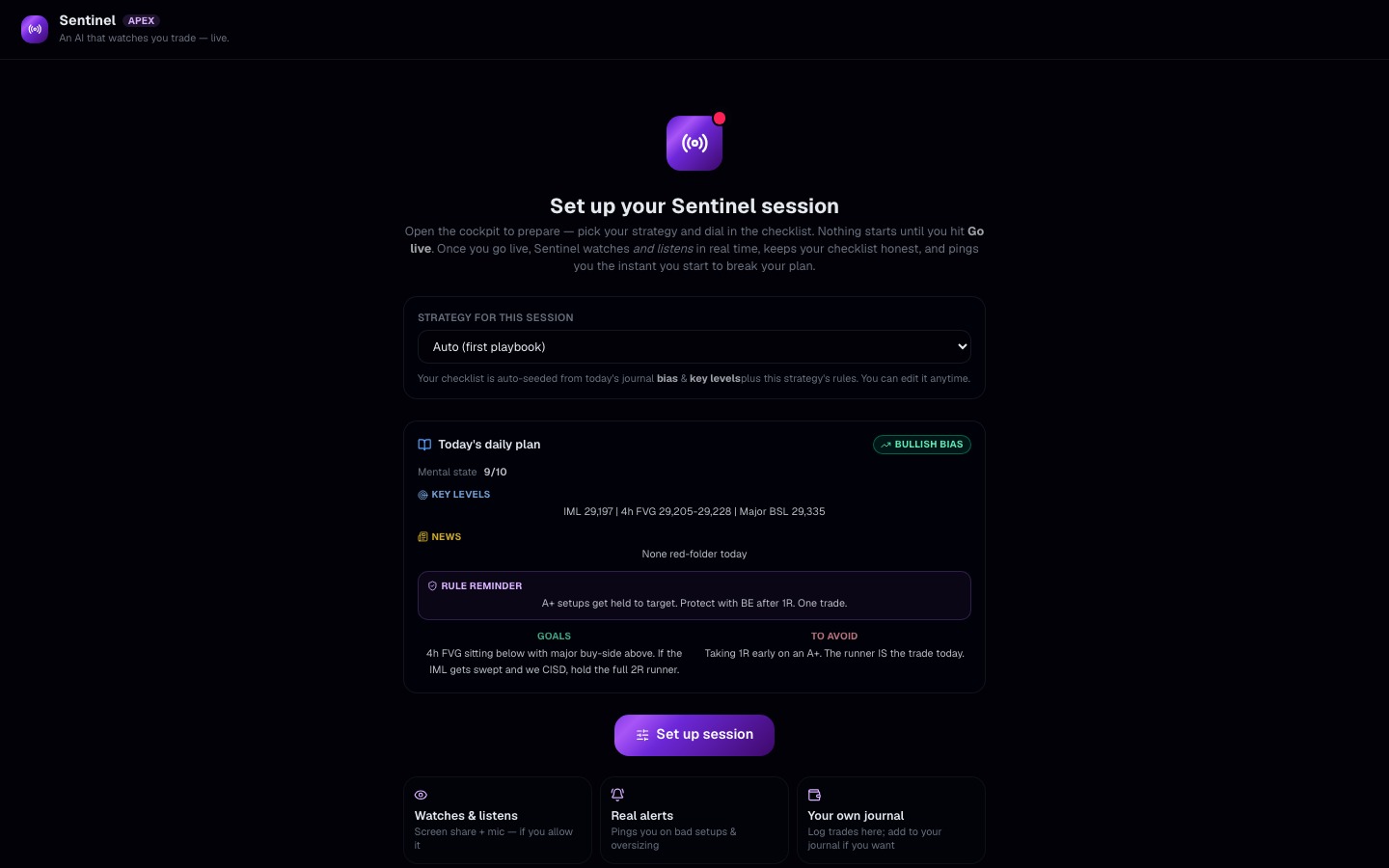 Sentinel — Session setup & plan